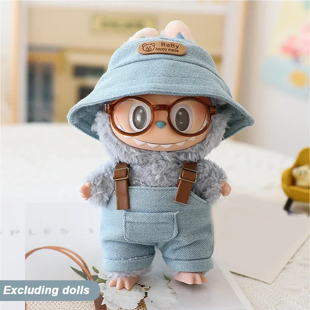 Cute Mini Clothes Outfit Accessories Bucket Hat Overalls BJD Doll Clothing For 17cm Labubu V2 Girl Gift Outfit