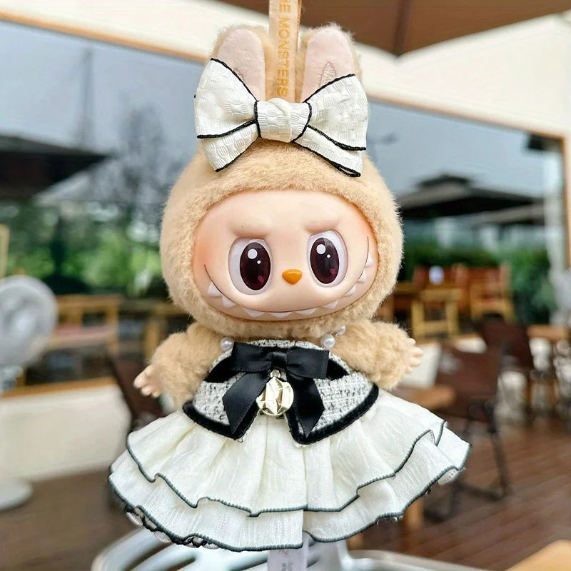 1 piece of 17cm Labubu baby dress, small fragrant style dress, bow tie evening dress dress (clothing only)