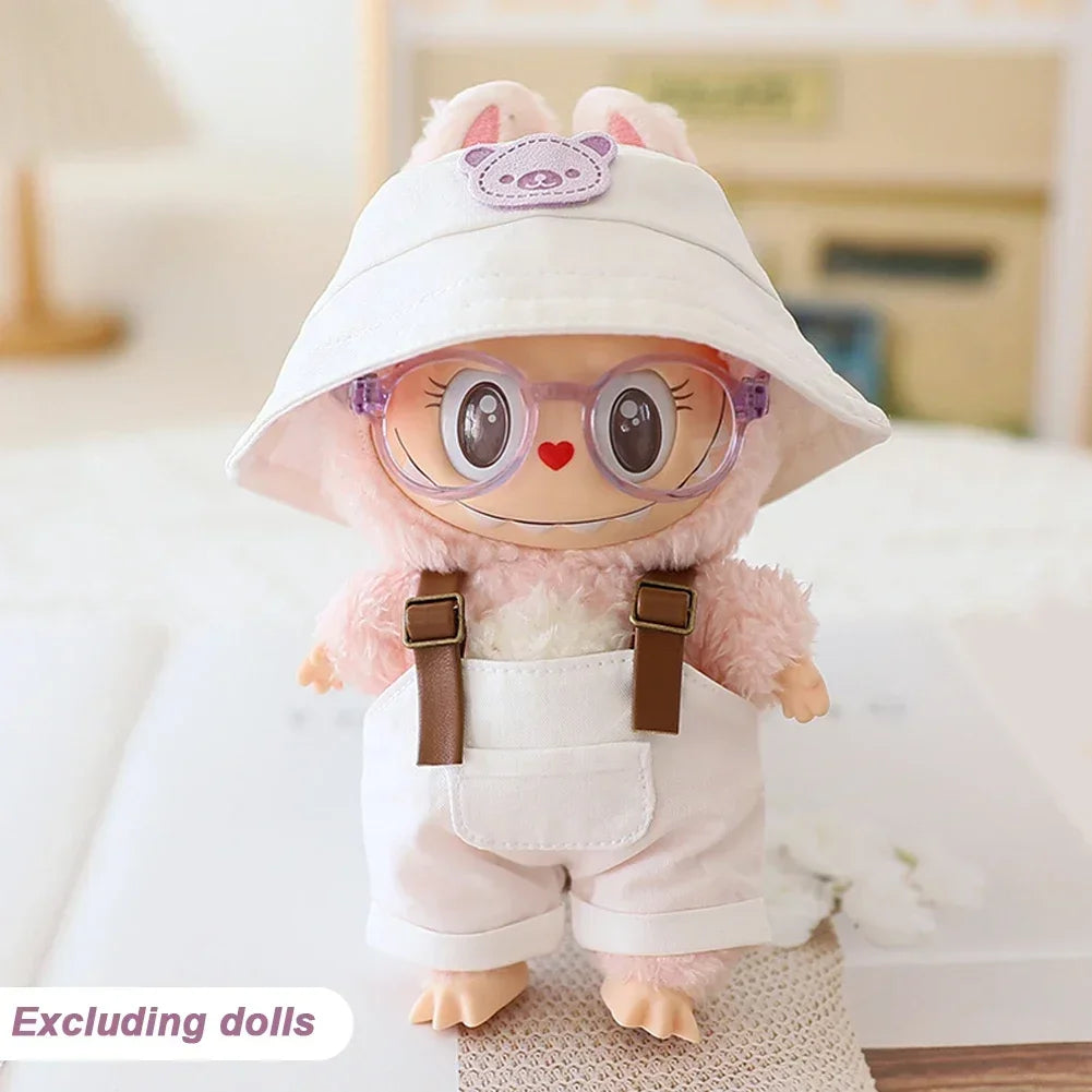 Cute Mini Clothes Outfit Accessories Bucket Hat Overalls BJD Doll Clothing For 17cm Labubu V2 Girl Gift Outfit