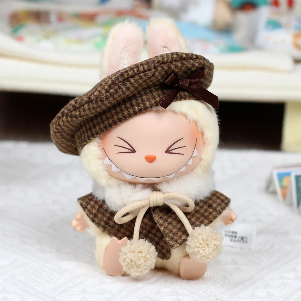 For 15cm Cute Labubu V1 V2 Mini Doll's Stylish Grid Retro Cape with Beret Set Labubu Clothes Outfit Labubu Ropa Clothing Gift