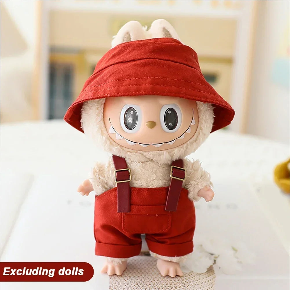Cute Mini Clothes Outfit Accessories Bucket Hat Overalls BJD Doll Clothing For 17cm Labubu V2 Girl Gift Outfit