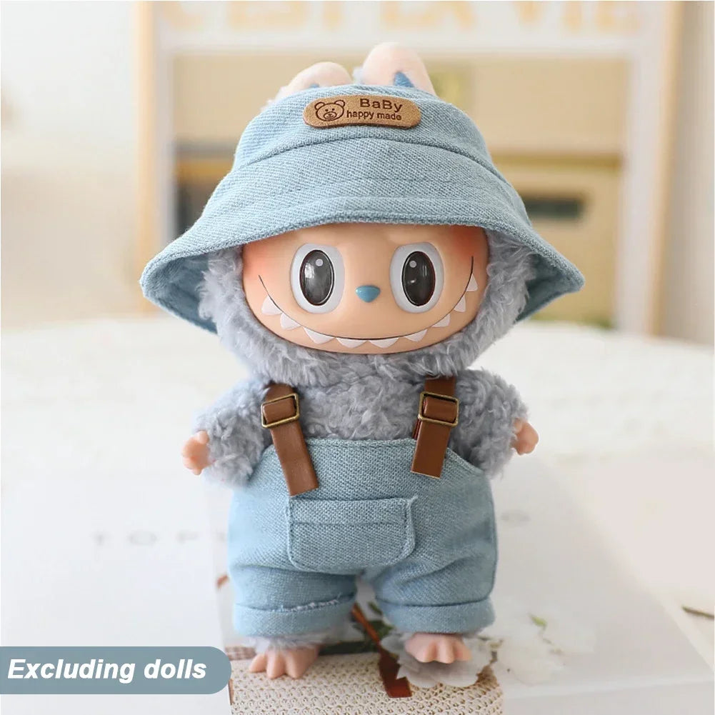 Cute Mini Clothes Outfit Accessories Bucket Hat Overalls BJD Doll Clothing For 17cm Labubu V2 Girl Gift Outfit