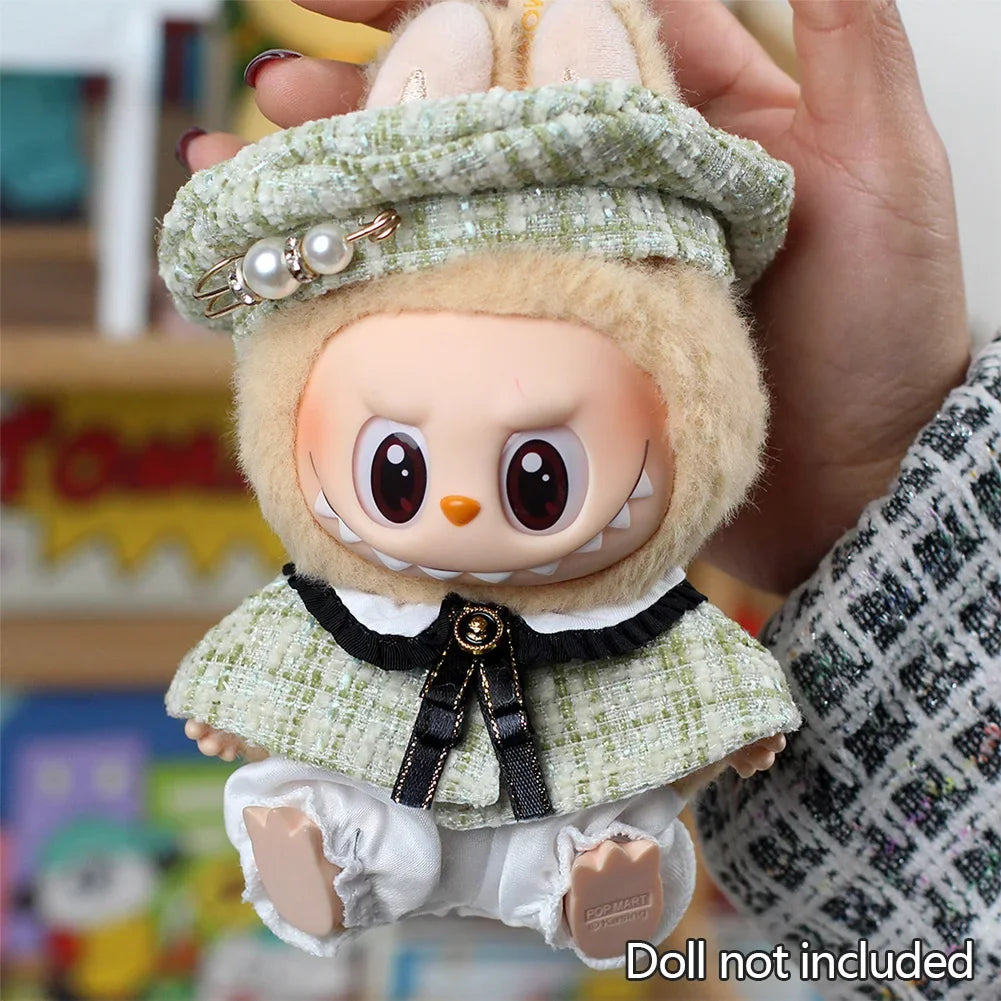 For 15cm Cute Labubu V1 V2 Mini Doll's Stylish Grid Retro Cape with Beret Set Labubu Clothes Outfit Labubu Ropa Clothing Gift