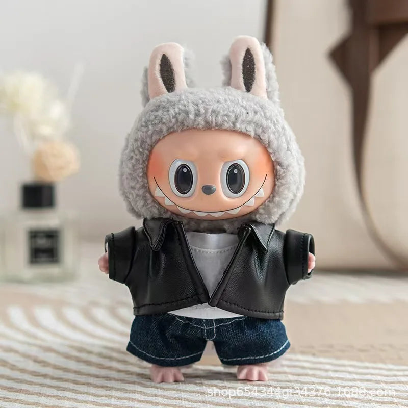 17cm Mini Plush Doll'S Clothes Outfit Accessories For Korea Kpop Exo Labubu Idol Black Leather Jacket Skirt Outfit Clothing Gift