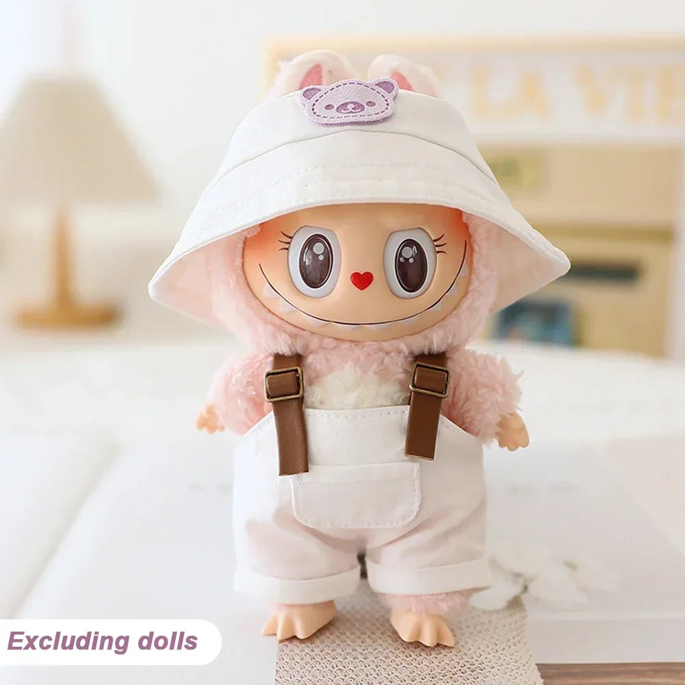 Cute Mini Clothes Outfit Accessories Bucket Hat Overalls BJD Doll Clothing For 17cm Labubu V2 Girl Gift Outfit