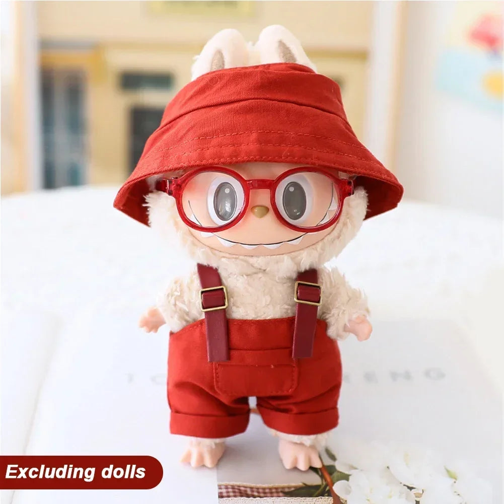 Cute Mini Clothes Outfit Accessories Bucket Hat Overalls BJD Doll Clothing For 17cm Labubu V2 Girl Gift Outfit