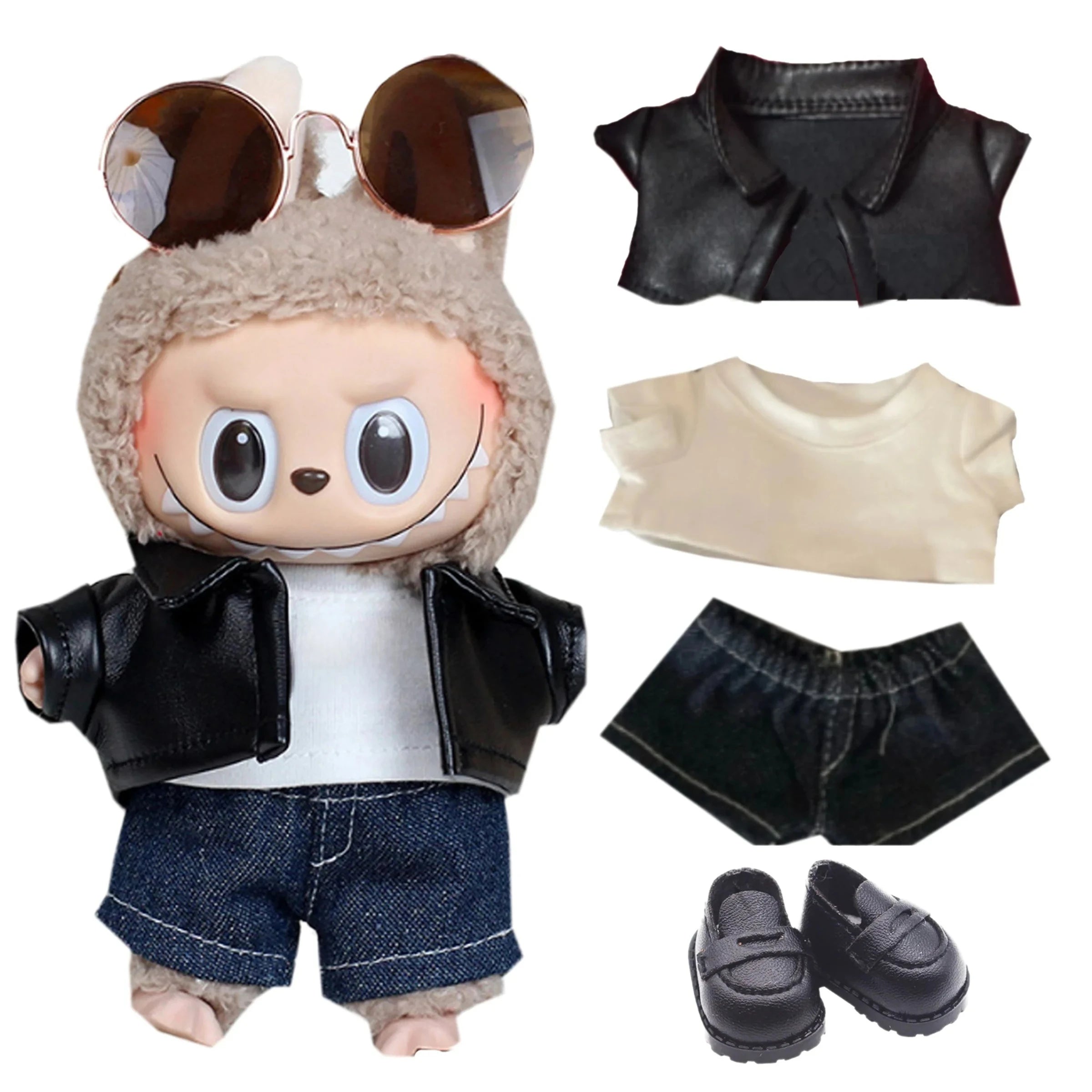 17cm Mini Plush Doll'S Clothes Outfit Accessories For Korea Kpop Exo Labubu Idol Black Leather Jacket Skirt Outfit Clothing Gift
