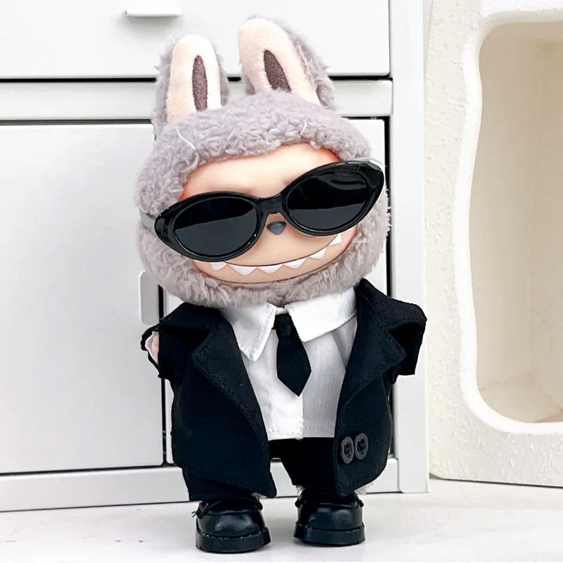 Stylish Cool Black Suit Sunglasses Set Mini Plush Doll'S Clothes Outfit Accessories for 17cm Korea Kpop Exo Labubu Clothing Gift