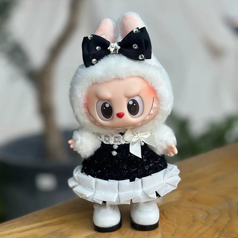 1 piece of 17cm Labubu baby dress, small fragrant style dress, bow tie evening dress dress (clothing only)
