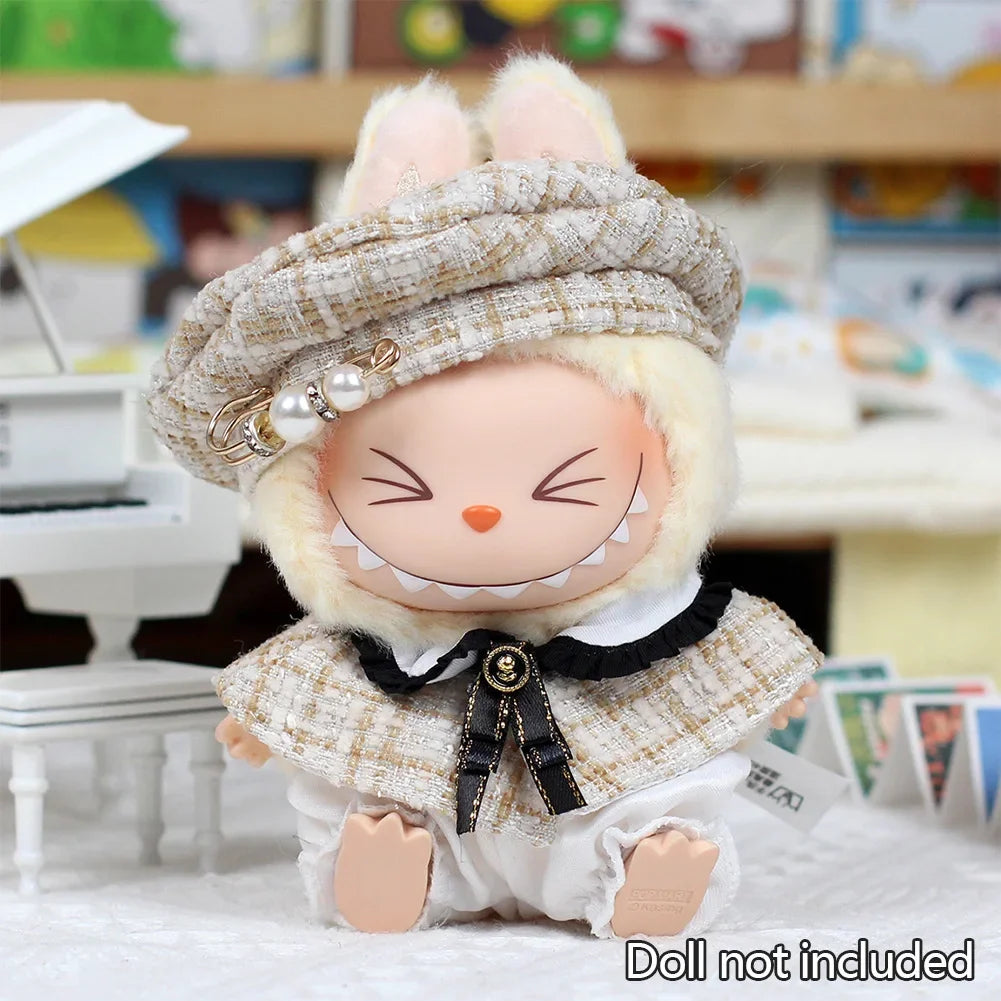 For 15cm Cute Labubu V1 V2 Mini Doll's Stylish Grid Retro Cape with Beret Set Labubu Clothes Outfit Labubu Ropa Clothing Gift