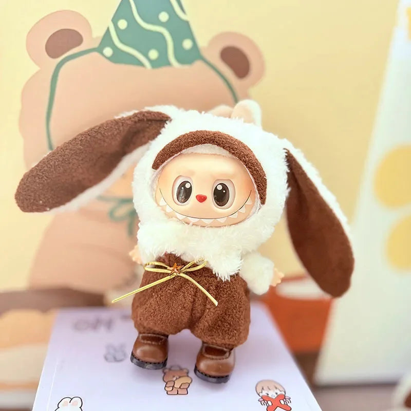 Adorable Brown-Eared Rabbit Clothes Set for Labubu Doll Pendant Only Clothing Item Including First Third Generation