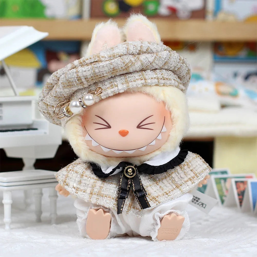 For 15cm Cute Labubu V1 V2 Mini Doll's Stylish Grid Retro Cape with Beret Set Labubu Clothes Outfit Labubu Ropa Clothing Gift