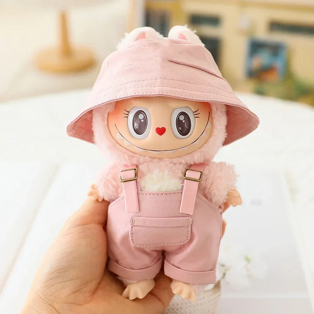 Cute Mini Clothes Outfit Accessories Bucket Hat Overalls BJD Doll Clothing For 17cm Labubu V2 Girl Gift Outfit