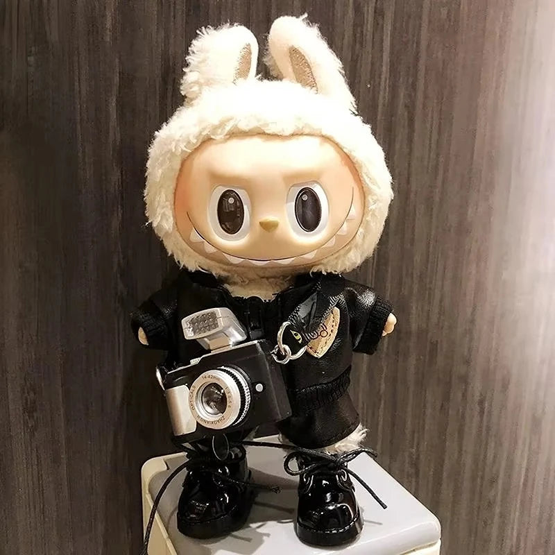 17cm Mini Plush Doll'S Clothes Outfit Accessories For Korea Kpop Exo Labubu Idol Black Leather Jacket Skirt Outfit Clothing Gift
