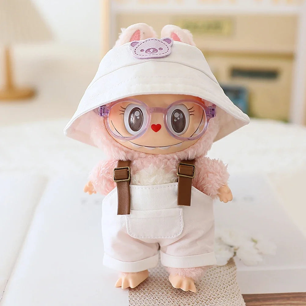 Cute Mini Clothes Outfit Accessories Bucket Hat Overalls BJD Doll Clothing For 17cm Labubu V2 Girl Gift Outfit