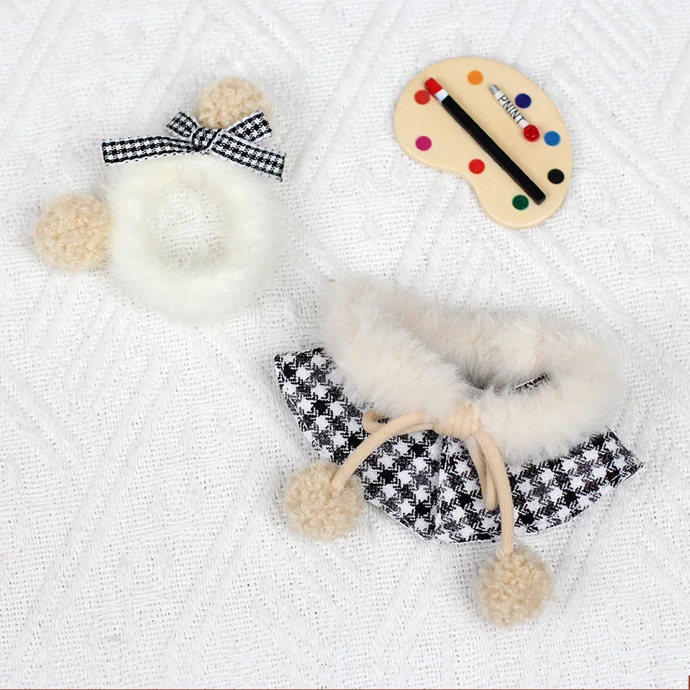 For 15cm Cute Labubu V1 V2 Mini Doll's Stylish Grid Retro Cape with Beret Set Labubu Clothes Outfit Labubu Ropa Clothing Gift