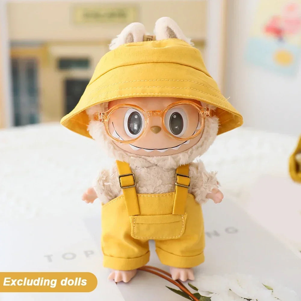 Cute Mini Clothes Outfit Accessories Bucket Hat Overalls BJD Doll Clothing For 17cm Labubu V2 Girl Gift Outfit