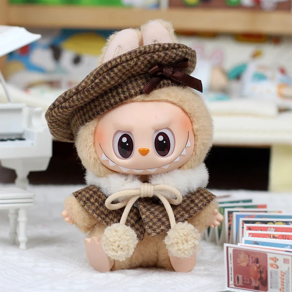 For 15cm Cute Labubu V1 V2 Mini Doll's Stylish Grid Retro Cape with Beret Set Labubu Clothes Outfit Labubu Ropa Clothing Gift