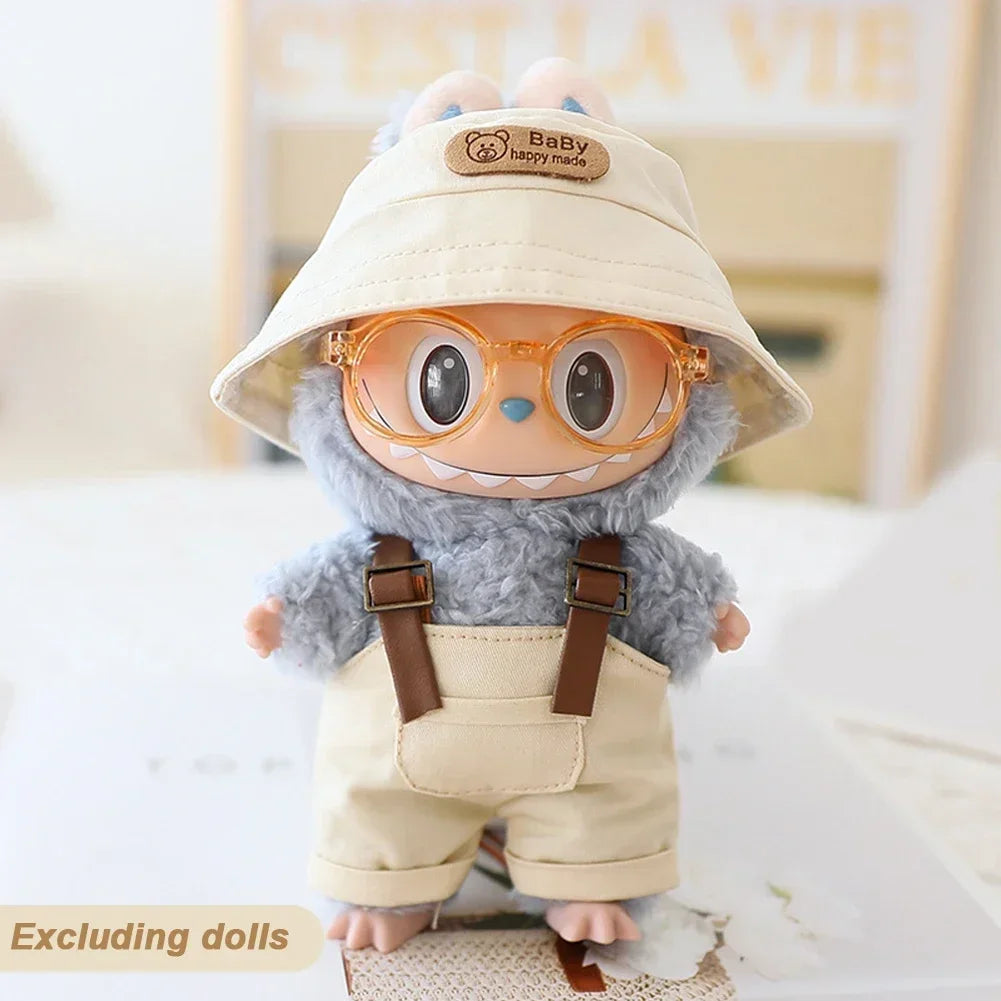 Cute Mini Clothes Outfit Accessories Bucket Hat Overalls BJD Doll Clothing For 17cm Labubu V2 Girl Gift Outfit