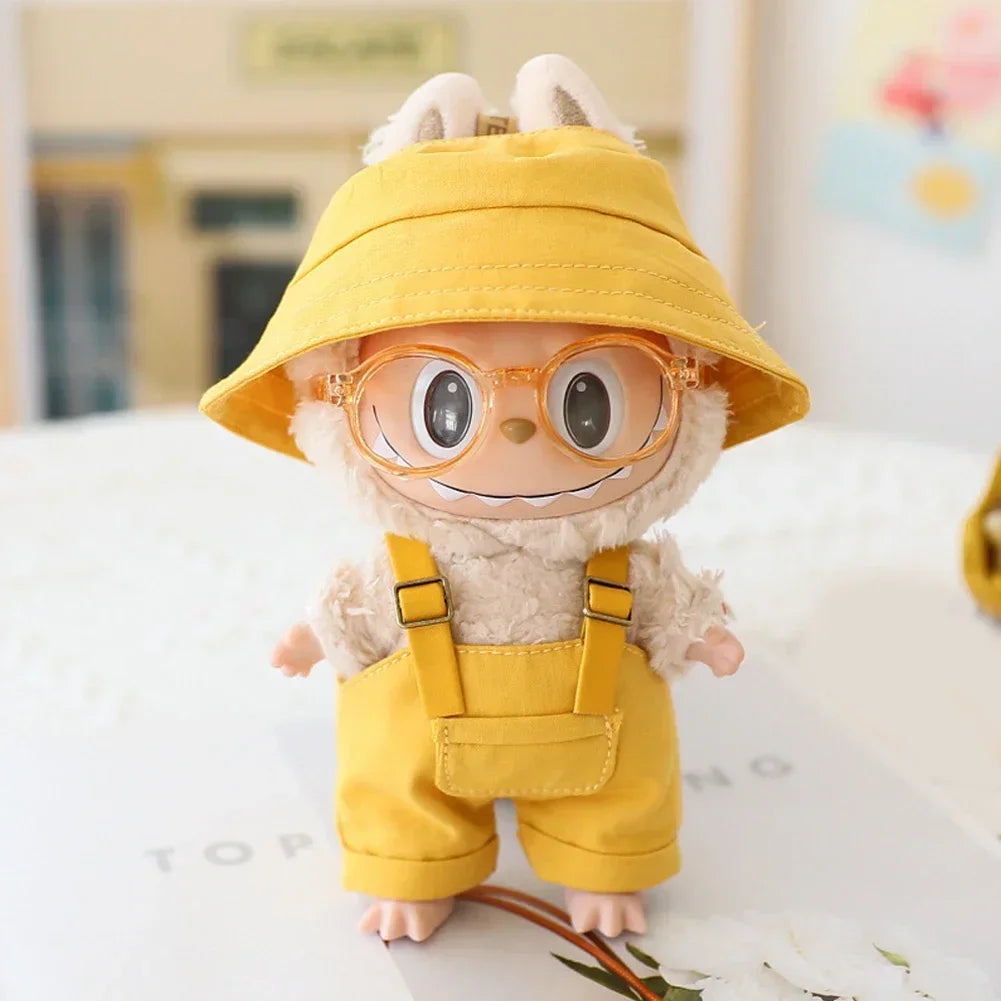 Cute Mini Clothes Outfit Accessories Bucket Hat Overalls BJD Doll Clothing For 17cm Labubu V2 Girl Gift Outfit
