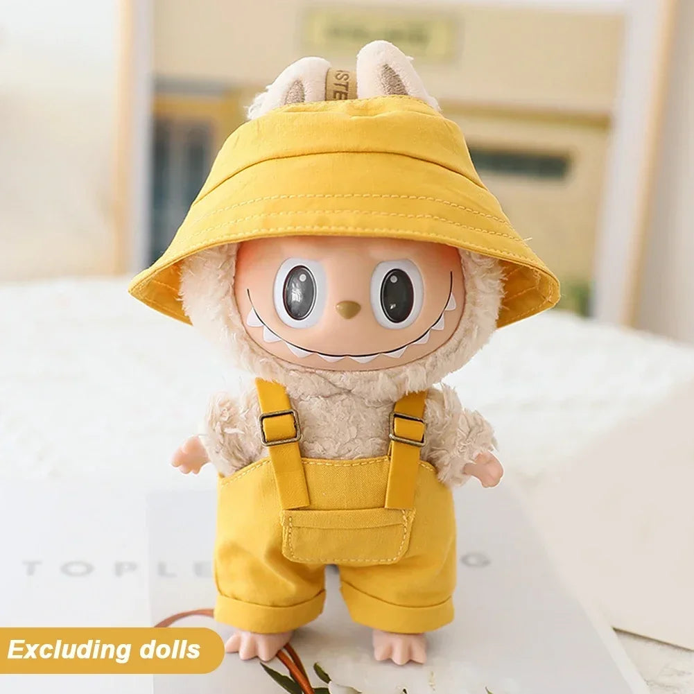 Cute Mini Clothes Outfit Accessories Bucket Hat Overalls BJD Doll Clothing For 17cm Labubu V2 Girl Gift Outfit