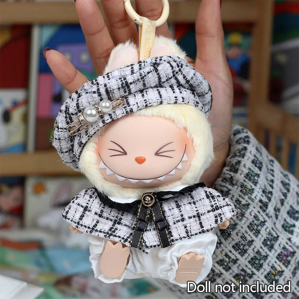 For 15cm Cute Labubu V1 V2 Mini Doll's Stylish Grid Retro Cape with Beret Set Labubu Clothes Outfit Labubu Ropa Clothing Gift