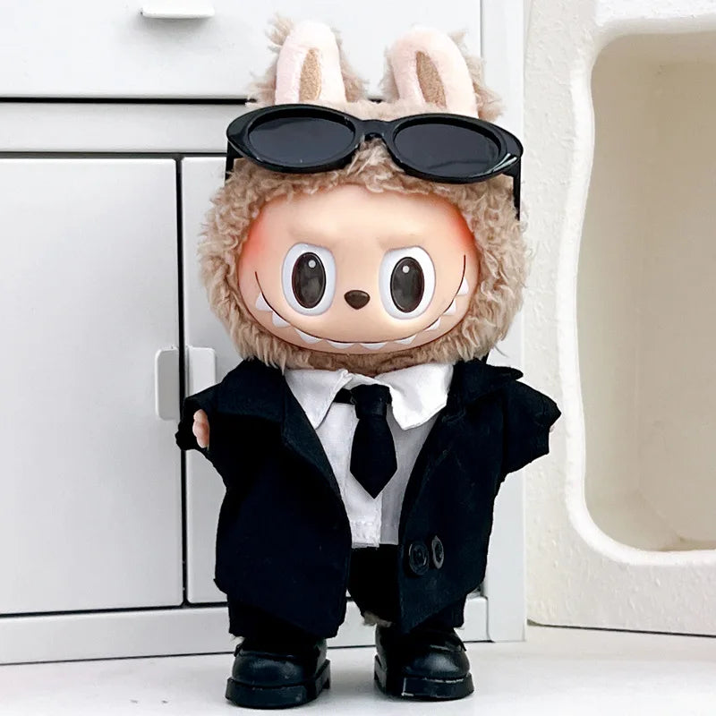 Stylish Cool Black Suit Sunglasses Set Mini Plush Doll'S Clothes Outfit Accessories for 17cm Korea Kpop Exo Labubu Clothing Gift