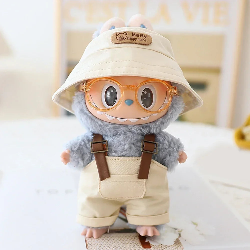 Cute Mini Clothes Outfit Accessories Bucket Hat Overalls BJD Doll Clothing For 17cm Labubu V2 Girl Gift Outfit
