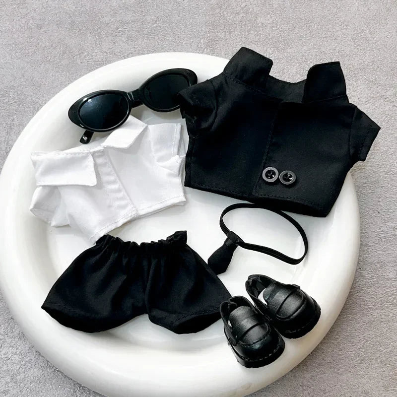 Stylish Cool Black Suit Sunglasses Set Mini Plush Doll'S Clothes Outfit Accessories for 17cm Korea Kpop Exo Labubu Clothing Gift