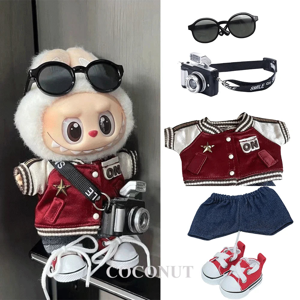 For 15cm Labubu Sporty Outfit Clothes Deep Red Baseball Uniform & Matching Cap Labubu Ropa Doll Accessories