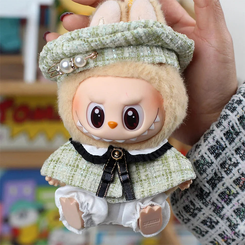 For 15cm Cute Labubu V1 V2 Mini Doll's Stylish Grid Retro Cape with Beret Set Labubu Clothes Outfit Labubu Ropa Clothing Gift