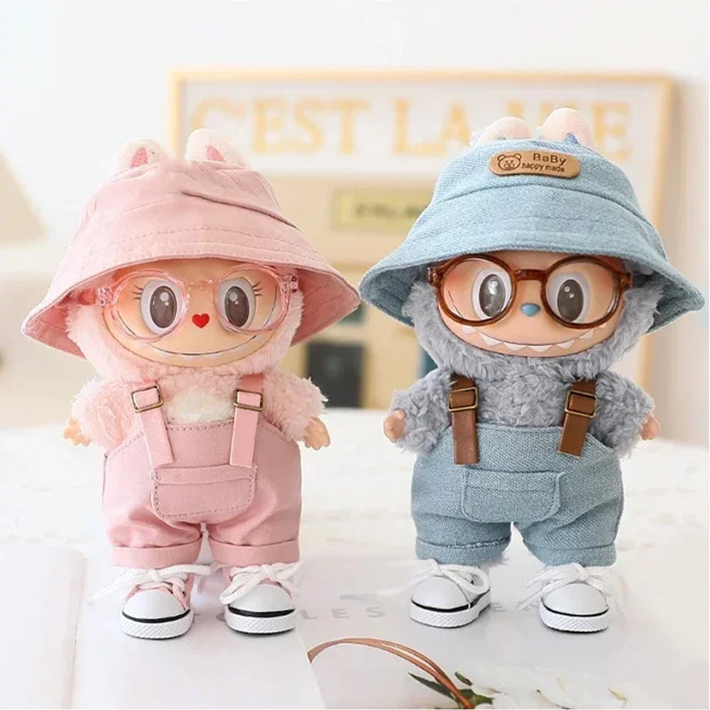 Cute Mini Clothes Outfit Accessories Bucket Hat Overalls BJD Doll Clothing For 17cm Labubu V2 Girl Gift Outfit