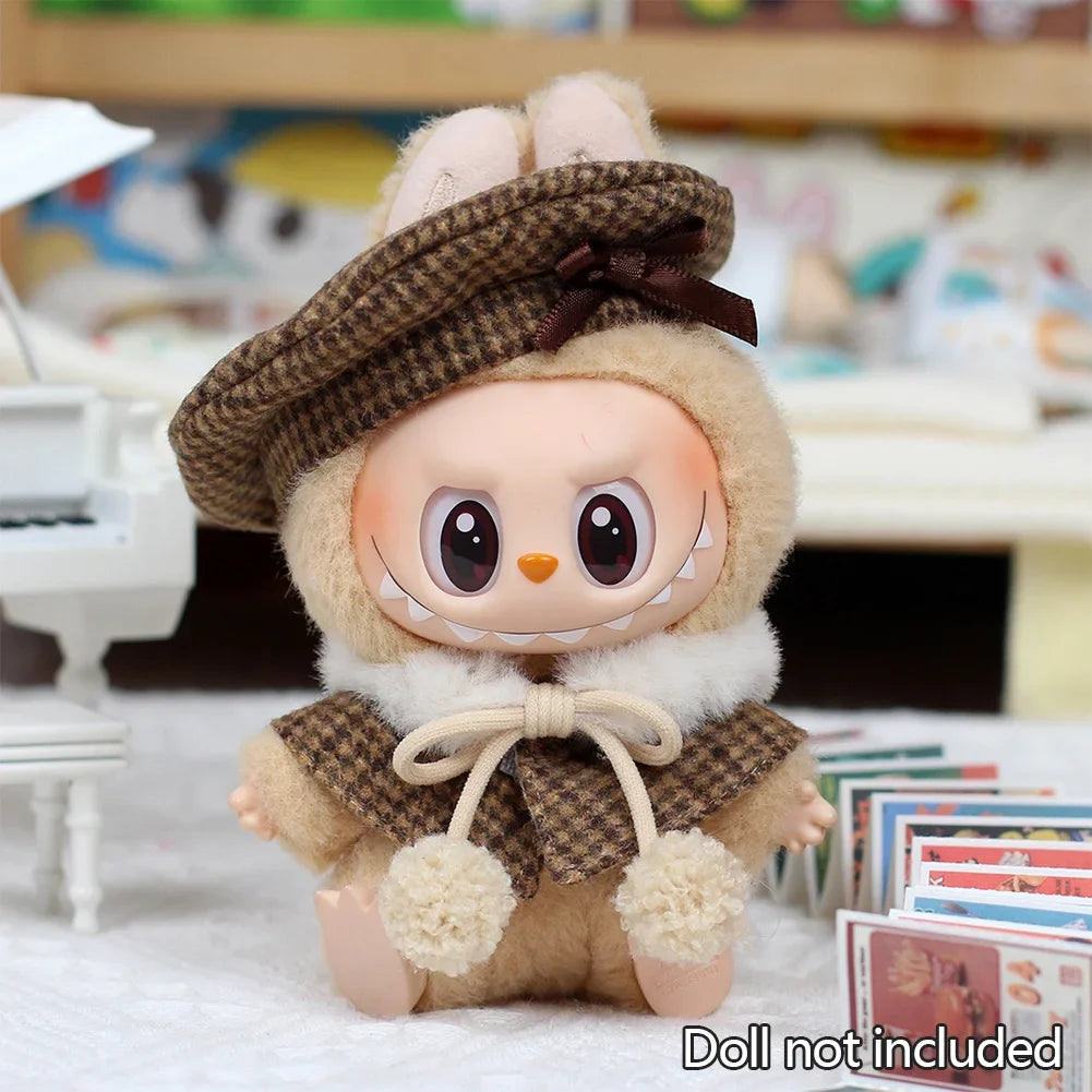 For 15cm Cute Labubu V1 V2 Mini Doll's Stylish Grid Retro Cape with Beret Set Labubu Clothes Outfit Labubu Ropa Clothing Gift