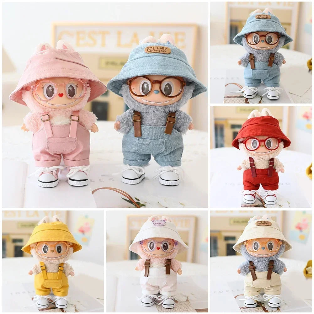 Cute Mini Clothes Outfit Accessories Bucket Hat Overalls BJD Doll Clothing For 17cm Labubu V2 Girl Gift Outfit