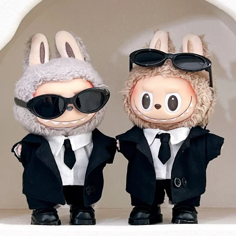 Stylish Cool Black Suit Sunglasses Set Mini Plush Doll'S Clothes Outfit Accessories for 17cm Korea Kpop Exo Labubu Clothing Gift