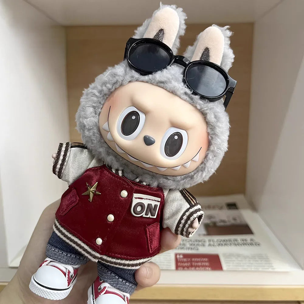 For 15cm Labubu Sporty Outfit Clothes Deep Red Baseball Uniform & Matching Cap Labubu Ropa Doll Accessories